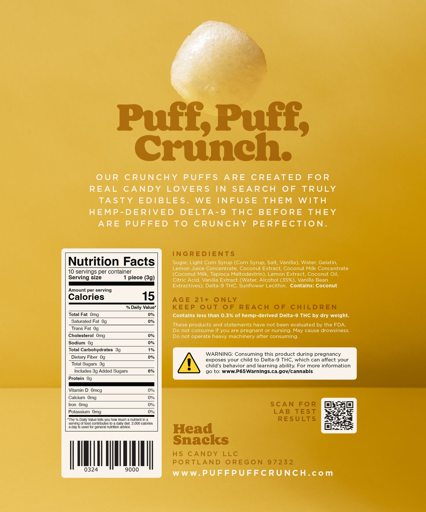 Puff Puff Crunch Lemon Coconut Puffs packaging - freeze dried Delta 9 THC edibles by Head Snacks