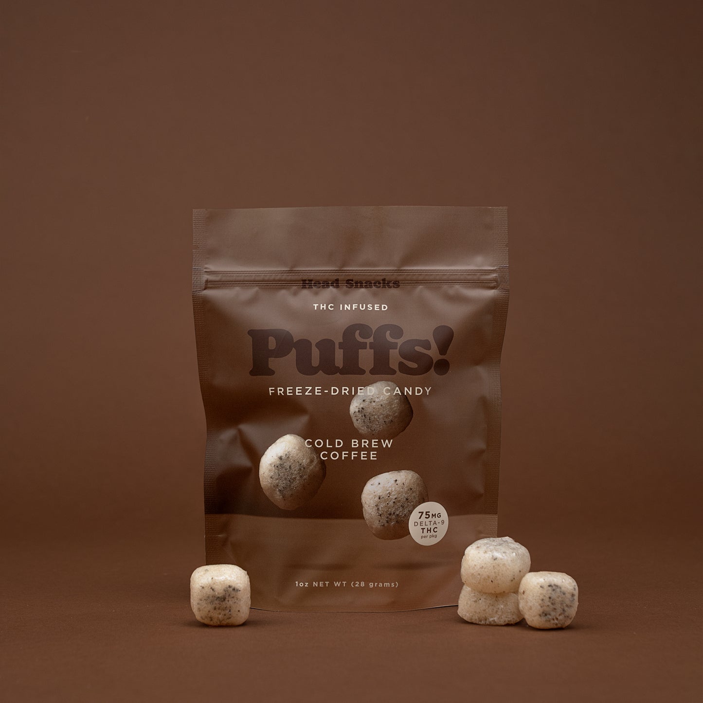 Puff Puff Crunch Cold Brew Coffee Puffs packaging - freeze dried Delta 9 THC edibles by Head Snacks