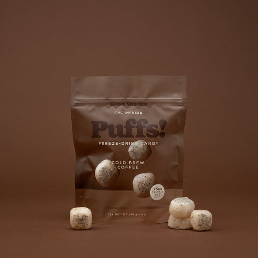 Puff Puff Crunch Cold Brew Coffee Puffs packaging - freeze dried Delta 9 THC edibles by Head Snacks