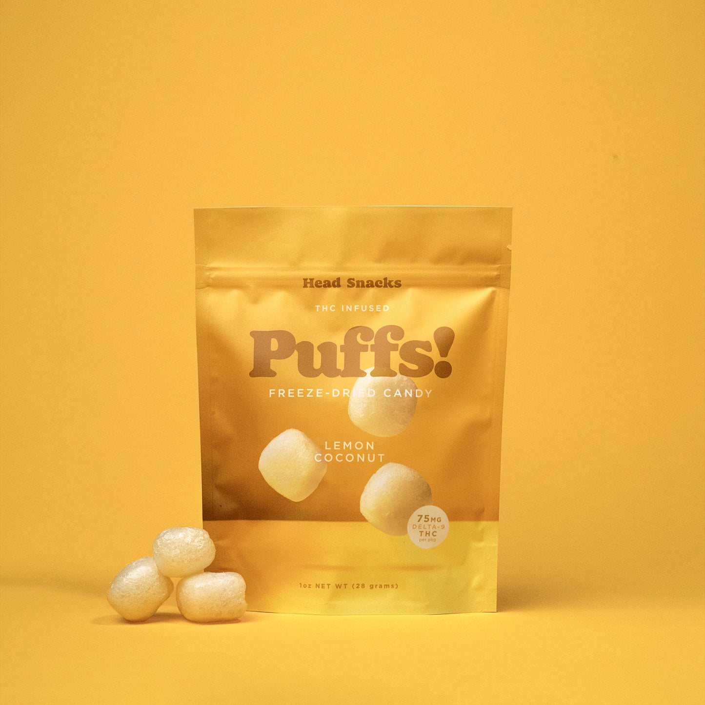 Puff Puff Crunch Lemon Coconut Puffs packaging - freeze dried Delta 9 THC edibles by Head Snacks