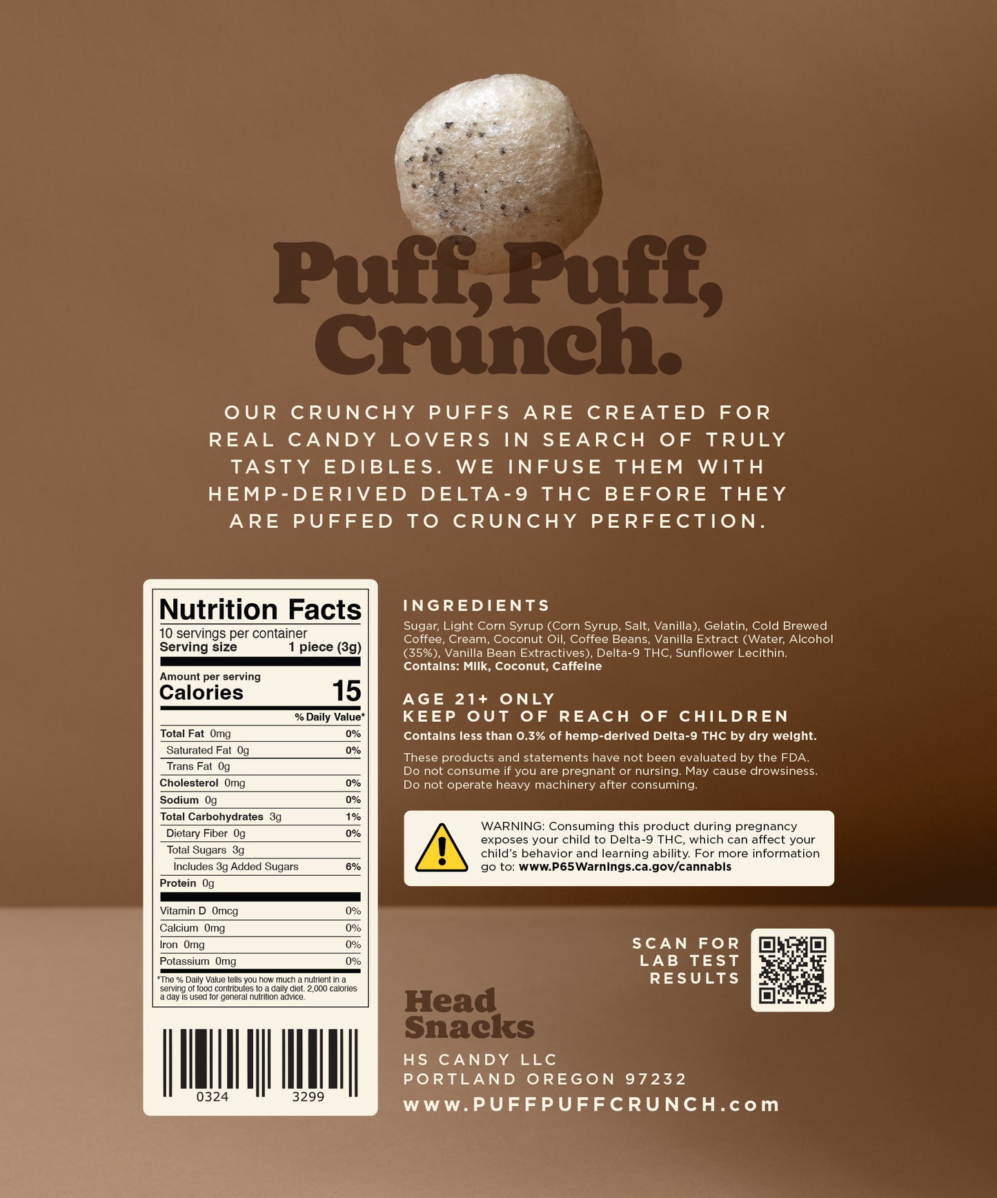 Puff Puff Crunch Cold Brew Coffee Puffs packaging - freeze dried Delta 9 THC edibles by Head Snacks