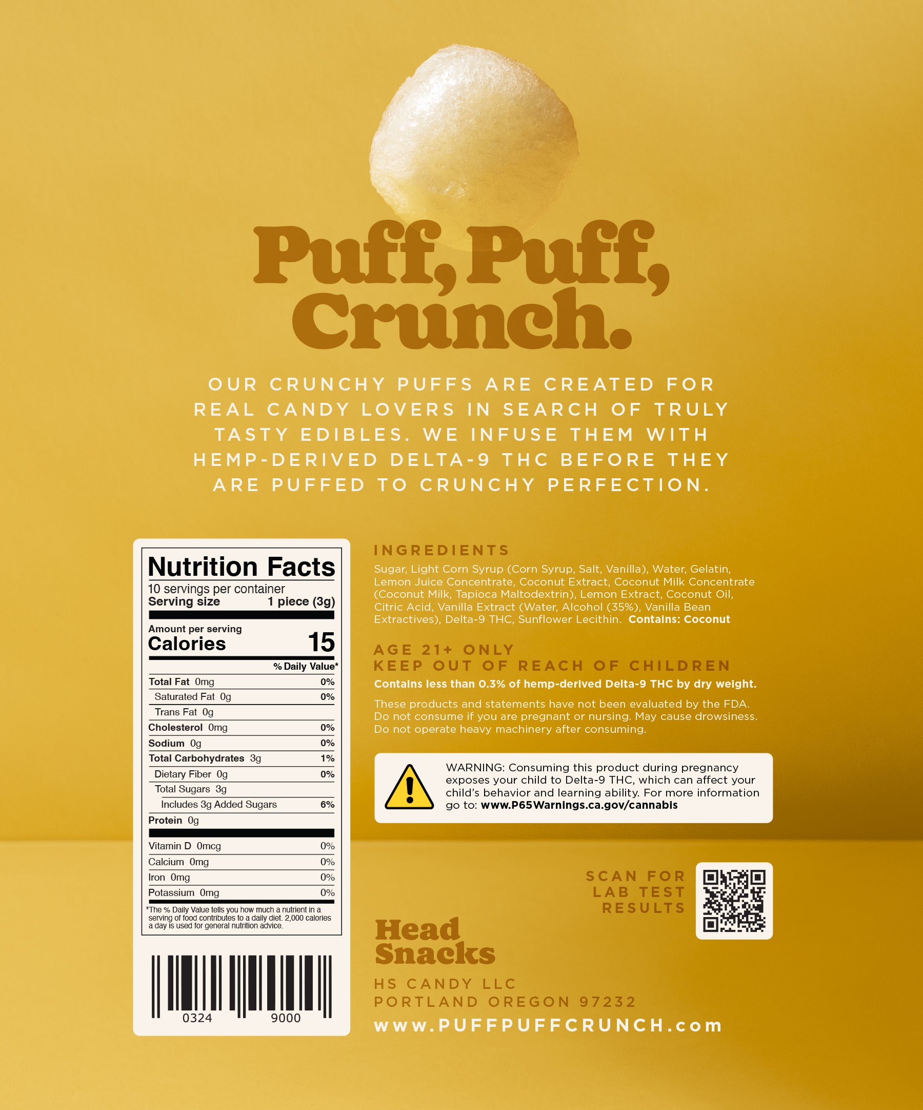 Puff Puff Crunch Lemon Coconut Puffs packaging - freeze dried Delta 9 THC edibles by Head Snacks